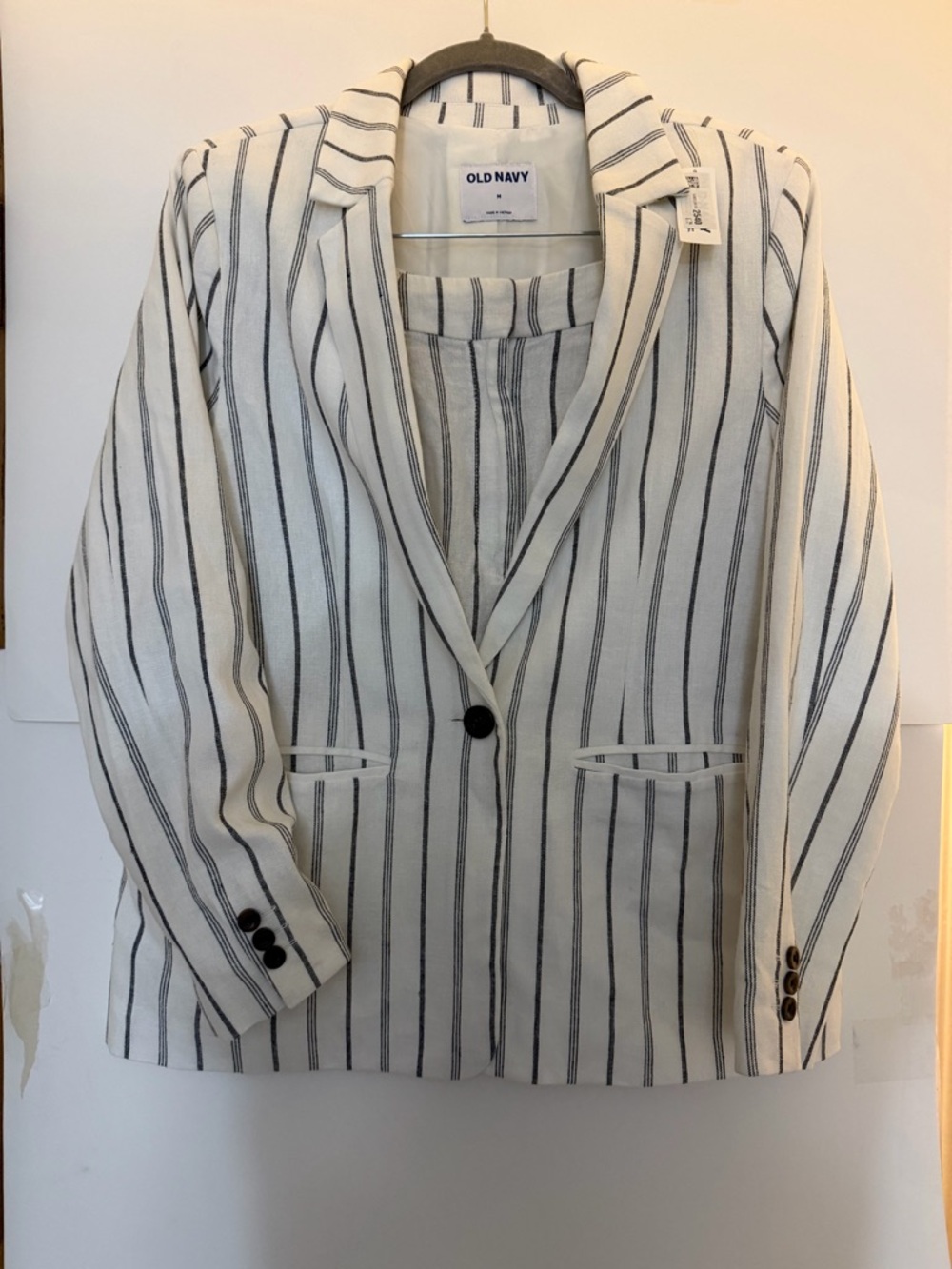 Old Navy White Blazer with Navy Pinstripes